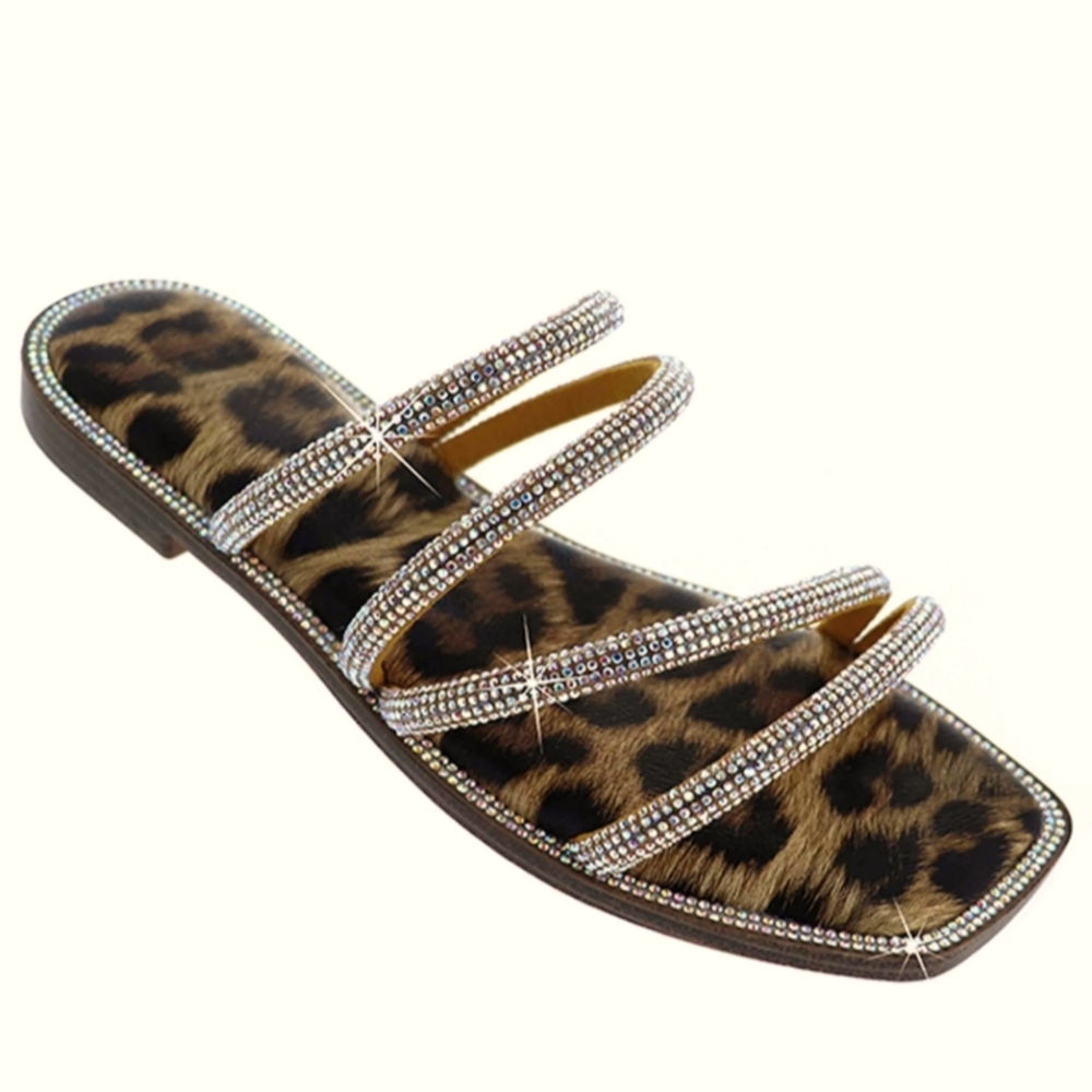 H2K Women's Rhinestone Leopard Print Slip-On Strappy Flat Sandals Size 10